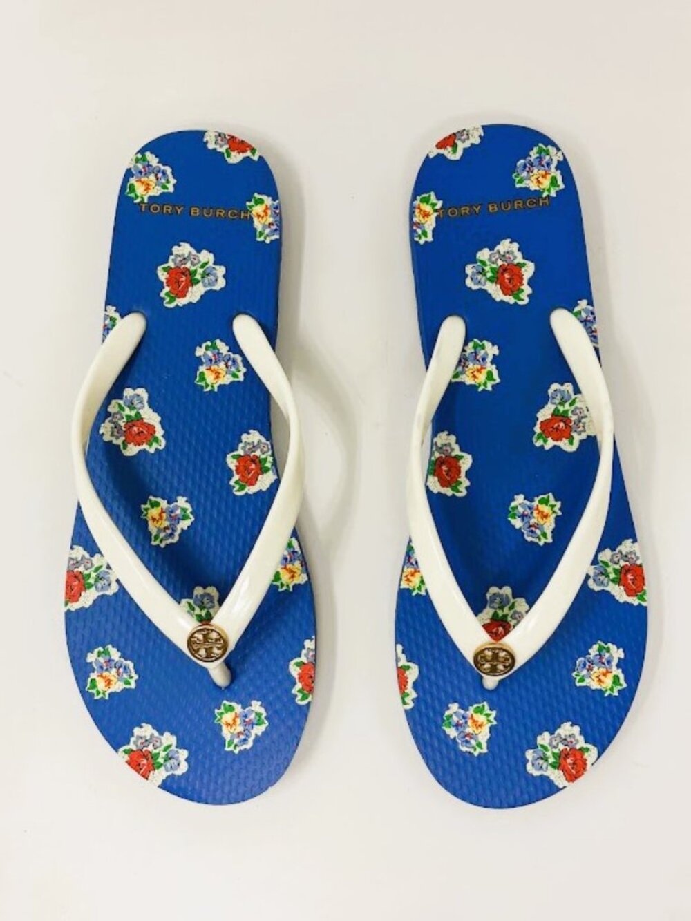 Tory Burch Thin Flip Flops Blue Floral Print Flat Sandals Women's Size 8M